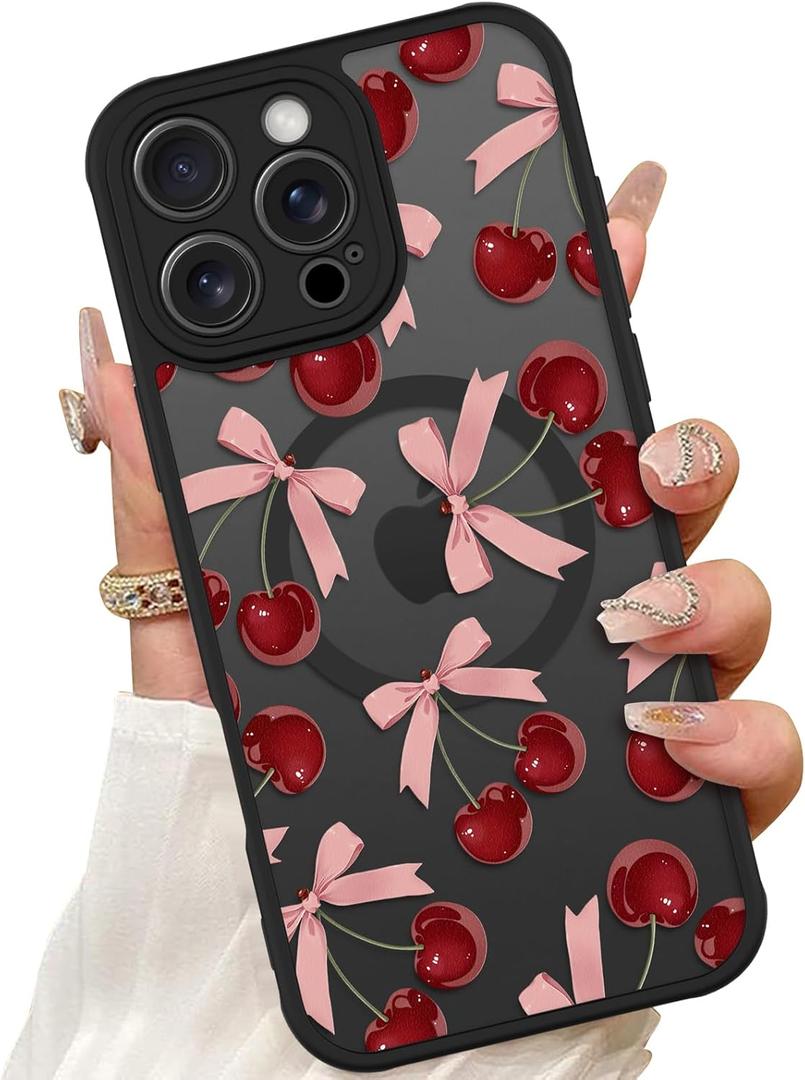 ZIYE Magnetic Case for iPhone 16 Pro 6.3 Inch [Compatible with MagSafe] Hard PC and Soft TPU Case with Cherry Pink Bows Anti-Scratch Shockproof Protection Phone Cover for Women