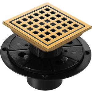 Shower Drain, Brushed Gold 4 inch Shower Floor Square Drain with Flange, Removeable Grid Panel SUS 304 Stainless Steel Square Shower Drain
