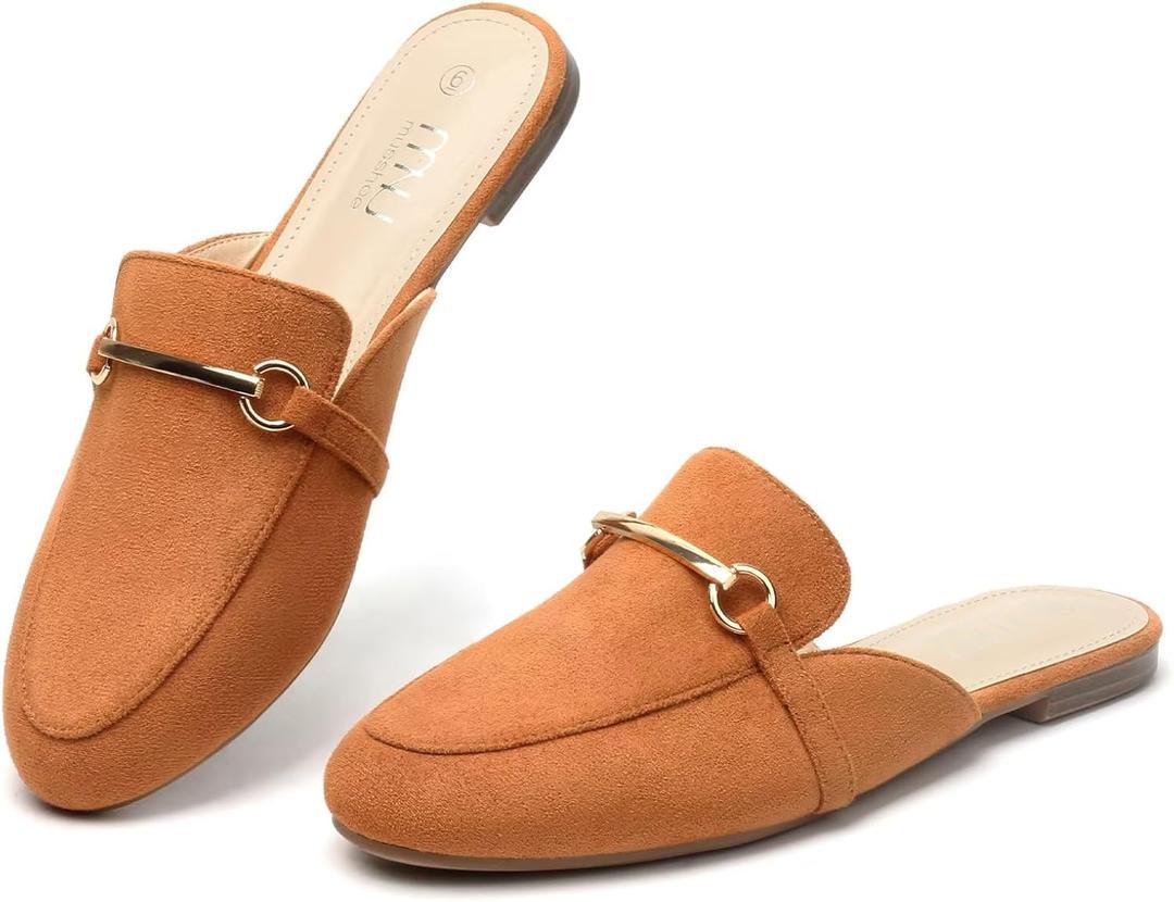 MUSSHOE Gold Buckle Mules for Women - Comfortable Memory Foam Loafers, Classy Slip On Flats for Office Business Casual, Dressy Pointed Toe Shoes (6.5, Tan Suede)