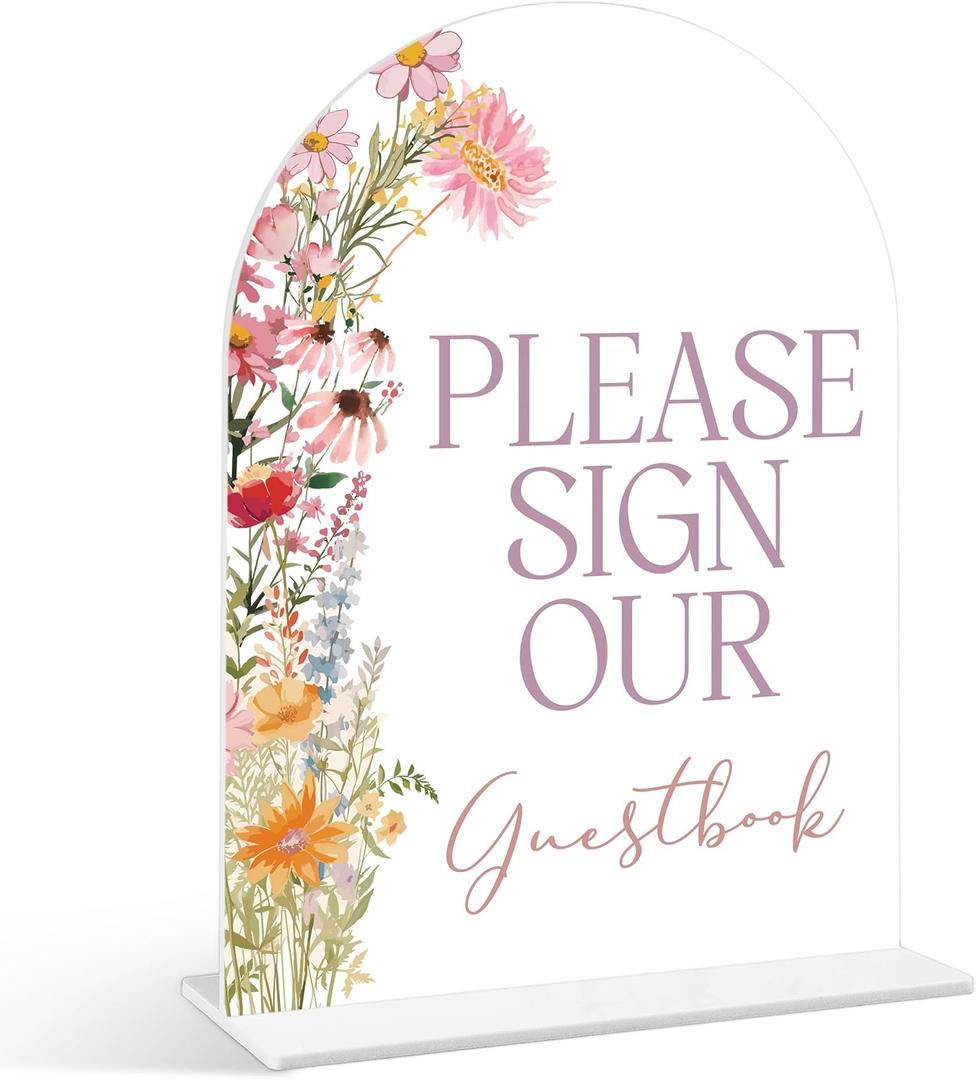 Please Sign Our Guestbook Sign - Wildflower Baby Shower Sign, 1 Pack Arch Acrylic Sign with Stand, Gender Reveal Party Table Decor, Floral Baby Shower Supplies (SE47)