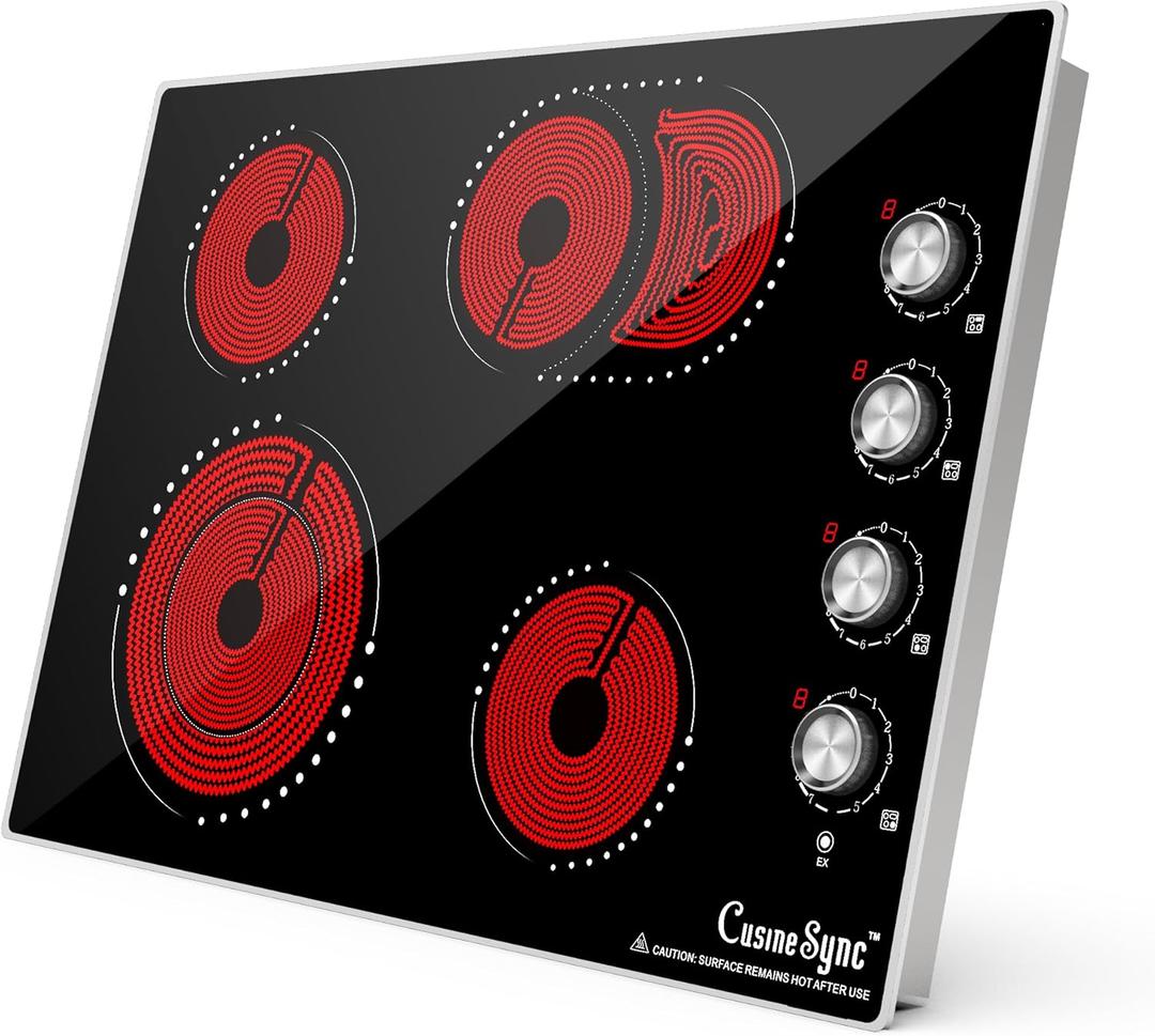 Cusinesync 4 Burner Electric Cooktop 30 Inch, Built-in Electric Stove with Knob Control, Auto shutdown and Residual Heat Warning, 7400W, 220-240v Hard Wire(No Plug)