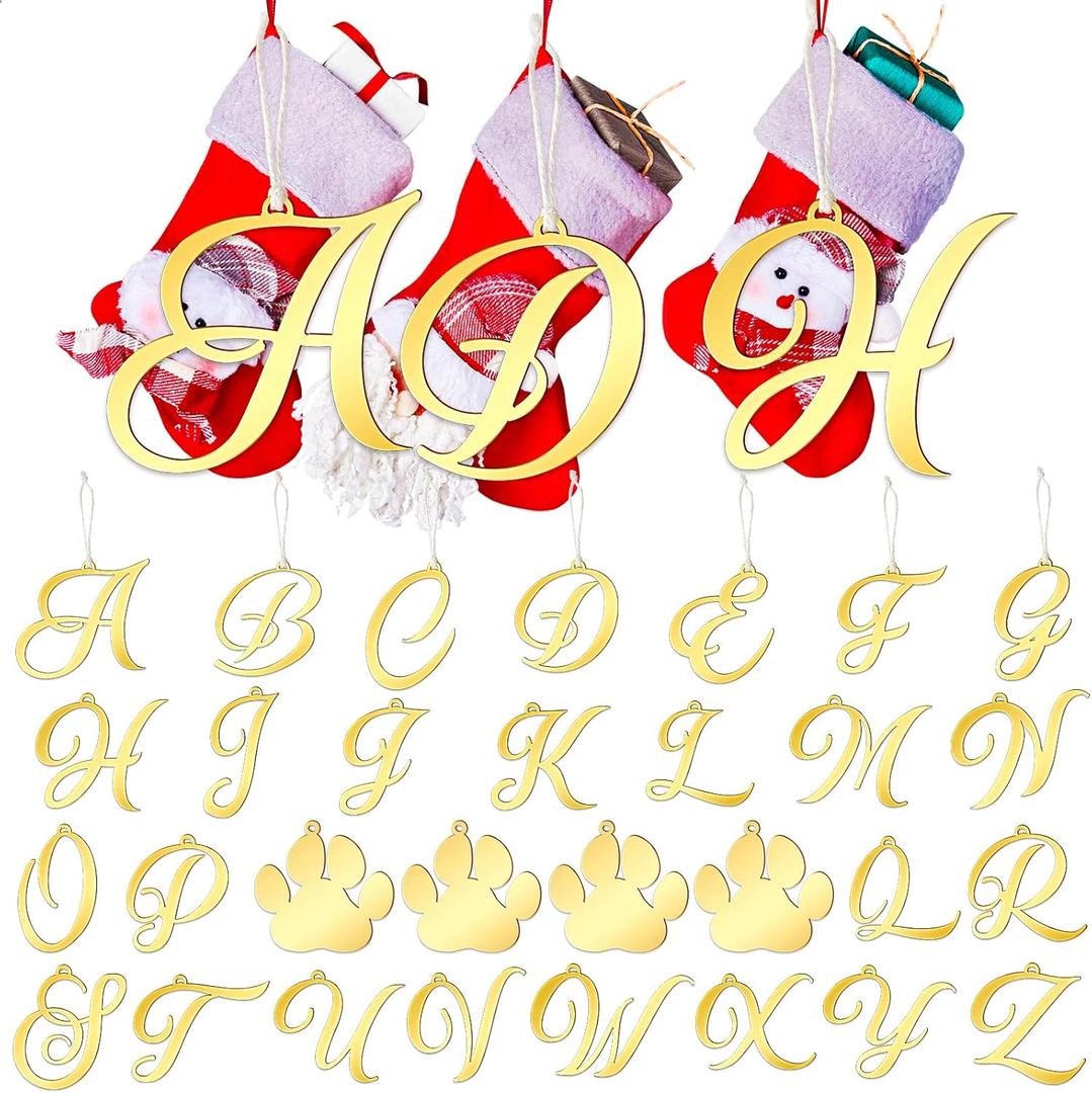 Jetec 30 Pieces Christmas Stocking Tags Stocking Letter Signs Gift Tags Acrylic Letter Ornament Acrylic Paw Ornament Christmas Stocking Letter Tags for for Christmas Stocks Decor (Gold)