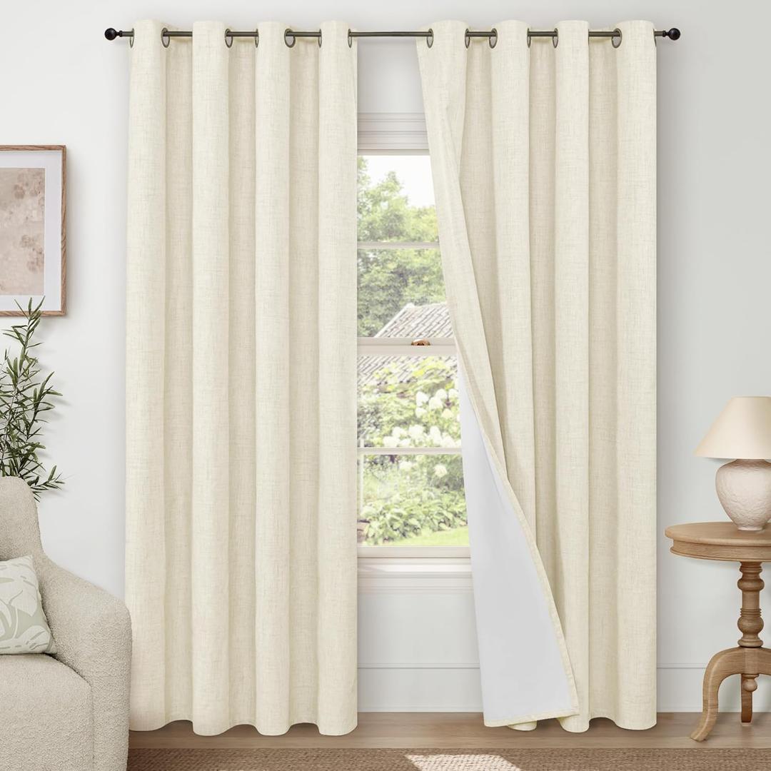 Cream 100% Blackout Curtains for Living Room 84 Inch Length 2 Panels Set, Thermal Insulated Light Blocking Faux Linen Curtains for Bedroom, Bronze Grommet Boho Window Drape Each 52" Wide