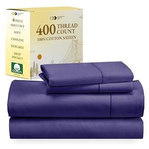 California Design Den Natural 100% Cotton Sheets, Soft Queen Sheet Set, 400 Thread Count Sateen, Deep Pockets with All-Around Elastic for a Snug Fit, Cool & Durable Bedding Set - Dark Purple