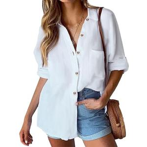 HOTOUCH Womens Linen Button Down Shirt Casual Long Sleeve Cotton Blouse Loose Fit Collared Work Gauze Tops with Pocket, Size Medium