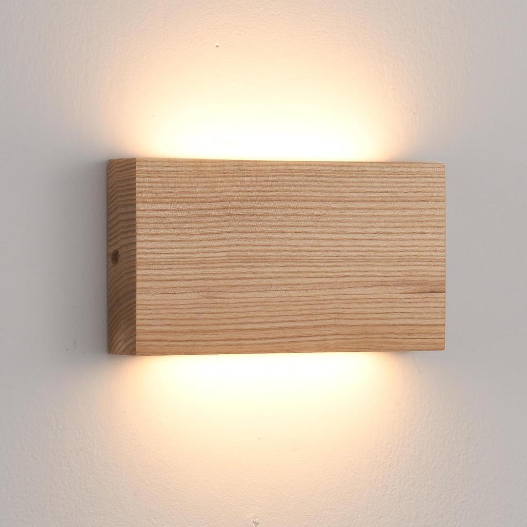Wood Wall Sconce Indoor Wall Lights Hardwired 1 Pack Up and Down Wall Mount Light for Living Room Bedroom Hallway Corridor Conservatory Cool White 3000K(with led 4000K and 6000k) (Natural)