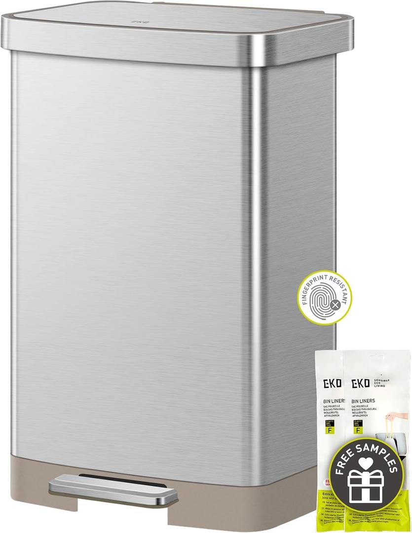 EKO Hudson Matte Stainless 50 Liter/13.2 Gallon Step Trash Can with Rear Trash Bag Storage Compartment