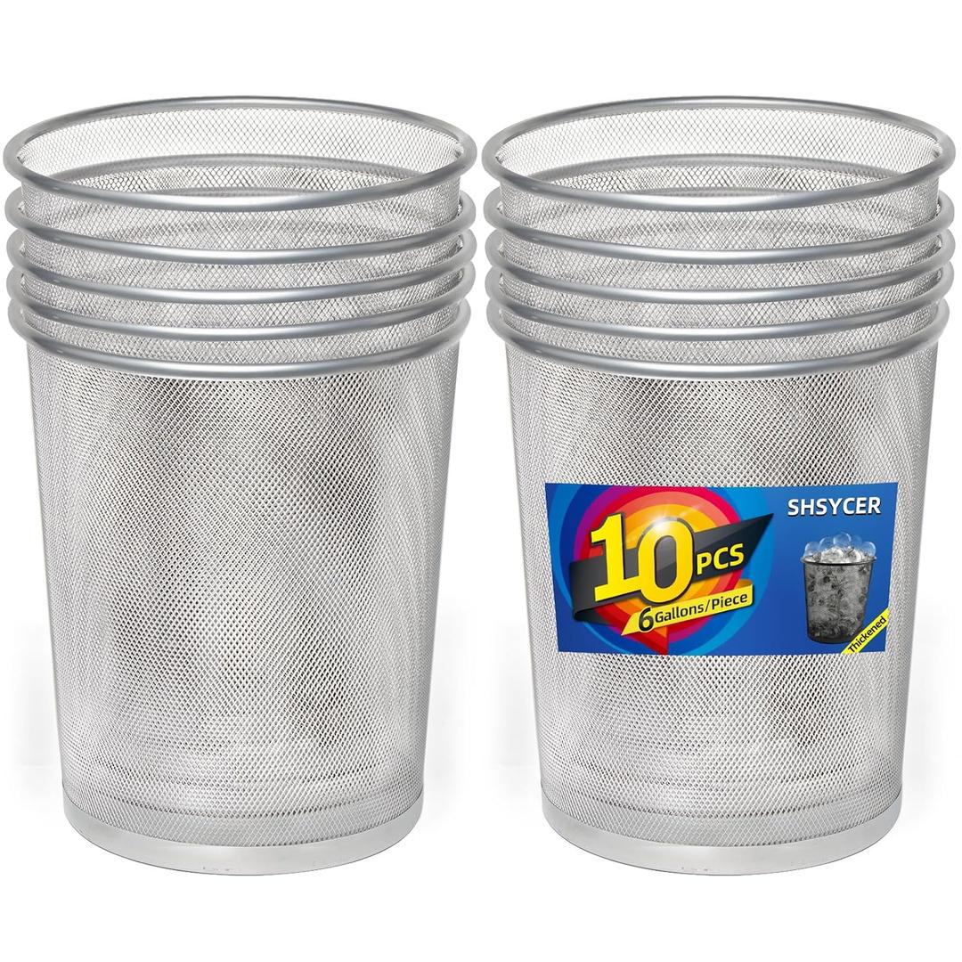 Silver Mesh Trash Cans,10-Pack 6 Gal Mesh Office Trash Can,Open Metal Wire Wastebaskets, Waste Basket Trash Can for Near Desk, Small Garbage Can,Recycling Garbage Container Bin for Office&Home