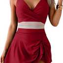 Women One Piece Swimsuit V Neck Swimdress Color Block Bathing Suit Skirt Tummy Control Tie Back Swim Dress XL, Red