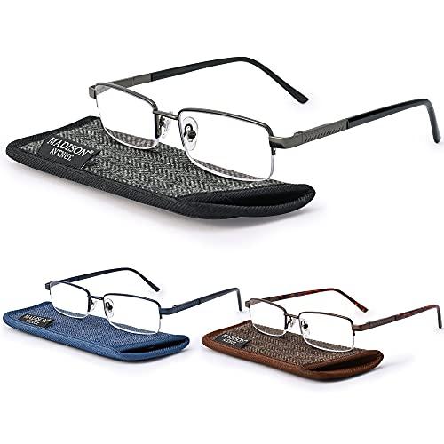 Madison Avenue 3 Pack Metal Half Frame Blue Light Blocking Reading Glasses for Men Spring Hinge +1.25