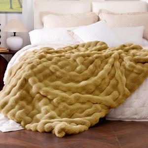 Ultra Soft Cozy Faux Fur Throw Blanket, Fuzzy Plush Thick Bubble Blanket, Oversize Luxury Fluffy Blanket for Couch, Bed, and Living Room, 60x80 Inches, Dark Yellow (Twin)