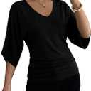 EVALESS Womens Tops Spring Summer 2026 Trendy 3/4 Length Batwing Sleeve | Ruched Going Out Dressy Blouses,Fashion Work Business Casual,V Neck Cute Loose Basic T Shirts,Beach Vacation Outfits Clothes (Black, M)