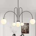 Black Sputnik Chandelier,6 Lights Modern Chandelier for Dining Room Mid Century Chandelier Large L49 Ceiling Pendant Light Fixtures with Milk Glass Globe Shades for Foyer Living Room Kitchen Island