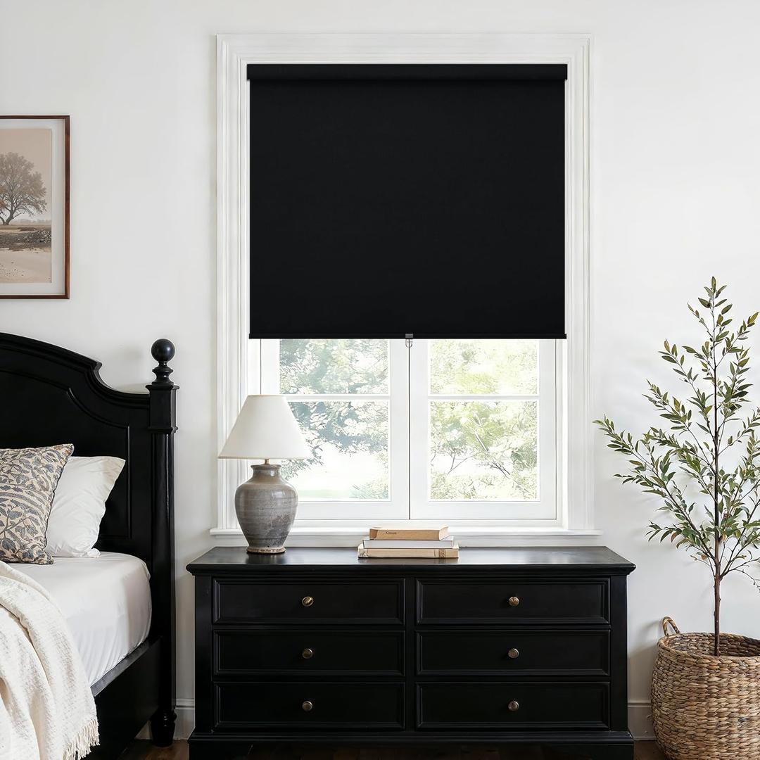 Blackout Roller Shades Cordless Blinds for Indoor Windows, Free-Stop Shades with Valance, Thermal Insulated Linen Fabric UV Protection Modern Blinds for Home and Office Black 36" W x 72" H