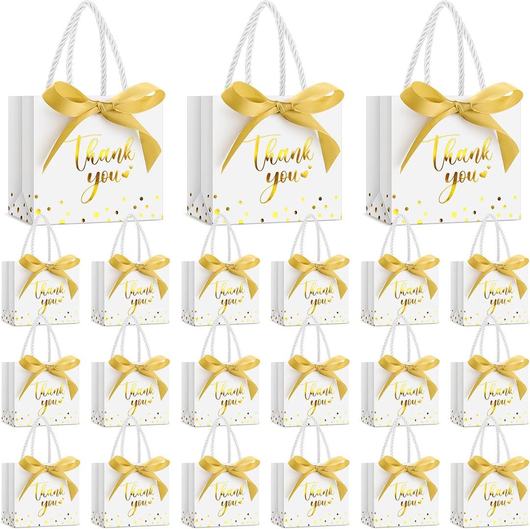 Jetec 45 Pcs Mini Paper Gift Bag Bulk 5.5 x 4.7 x 2.5'' Small Thank You Favor Bag with Handle Bow Ribbon for Valentines Day Wedding Baby Bridal Shower Birthday Party(White/gold)