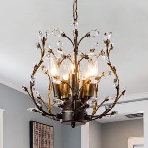 Vintage 5-Light Crystal Chandelier, Tree Branch Ceiling Hanging Light Fixture for Dining Room Bedroom Hallway Foyer, Aged Bronze Finish & Adjustable Chain (5Lights-D11.1")
