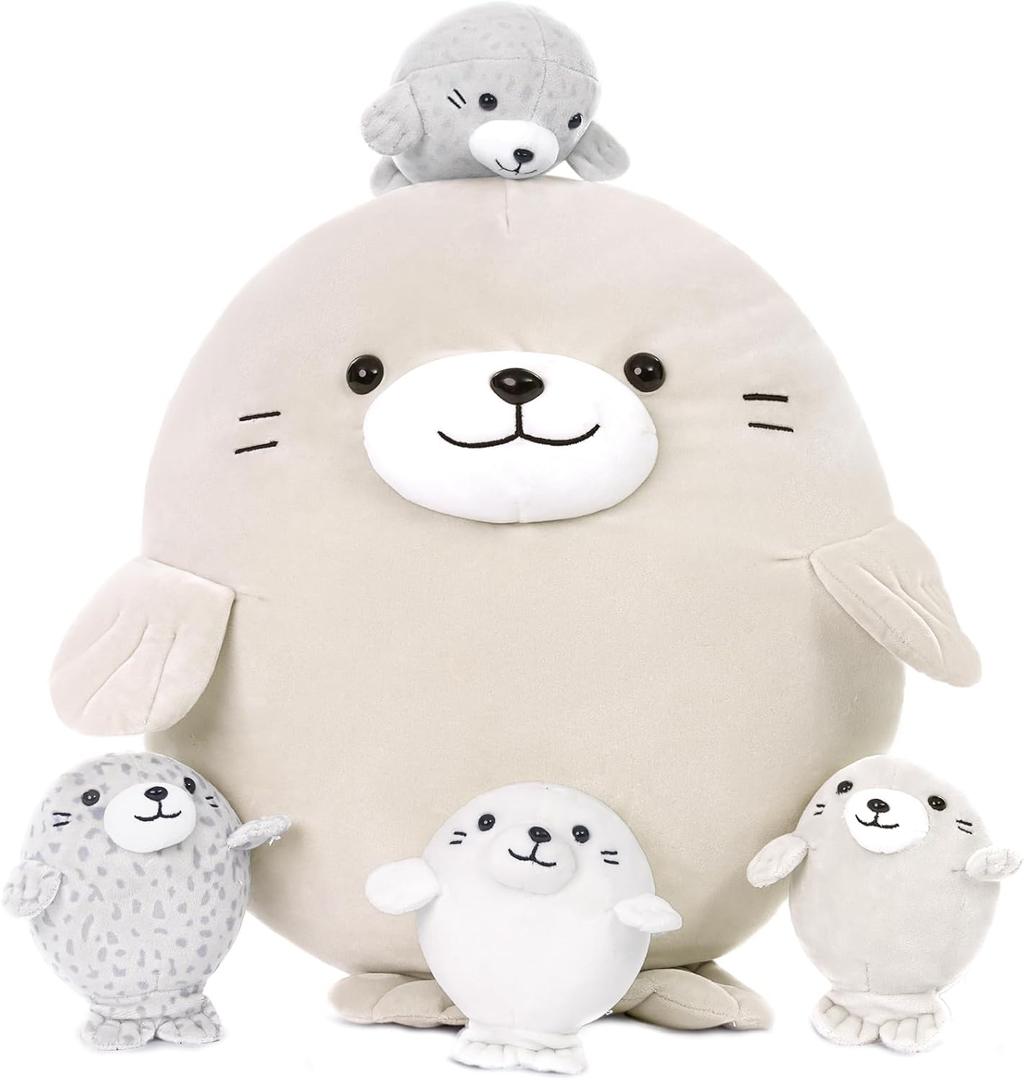 MaoGoLan 5Pcs Fat Seal Plush with 4 Babies Inside - 20" Giant Ultra Soft Seal Stuffed Animal Throw Pillow - Squishy Mother-Babies Collection Gift for Seal Lover,Kids,Boys, Gray