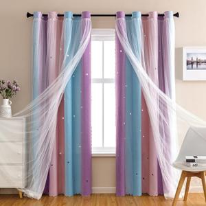 XiDi Dream Star Blackout Curtains for Kids Rooms Girl Princess Curtain for Daughter Bedroom Window (Pink Purple, W34 X L84)