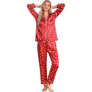 Leikar Satin Valentines Pajamas For Women Long Sleeve Sleepwear Button Down Red Silk Pjs (S)