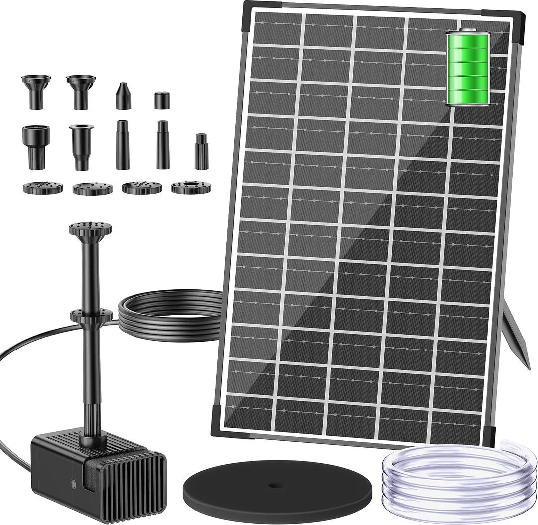 Biling 12W Solar Fountain Pump with 5000 mAh Battery Backup, 80GPH Solar Water Pump with 8 Nozzles, 5ft Tubing for Bird Bath Small Garden Pond Water Features