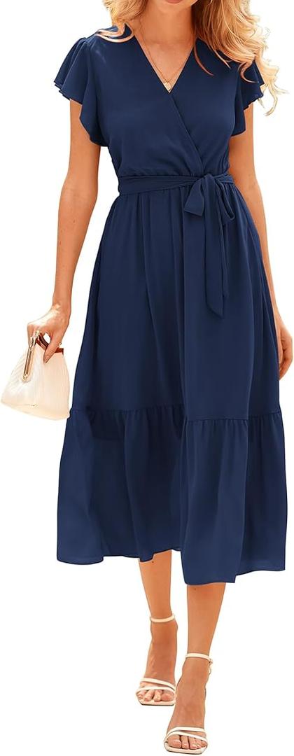 BTFBM Women Summer Bohemian Floral Casual Wrap V Neck Ruffle Cap Sleeveless Belt A-Line Pleated Hem Midi Sun Dress  XL