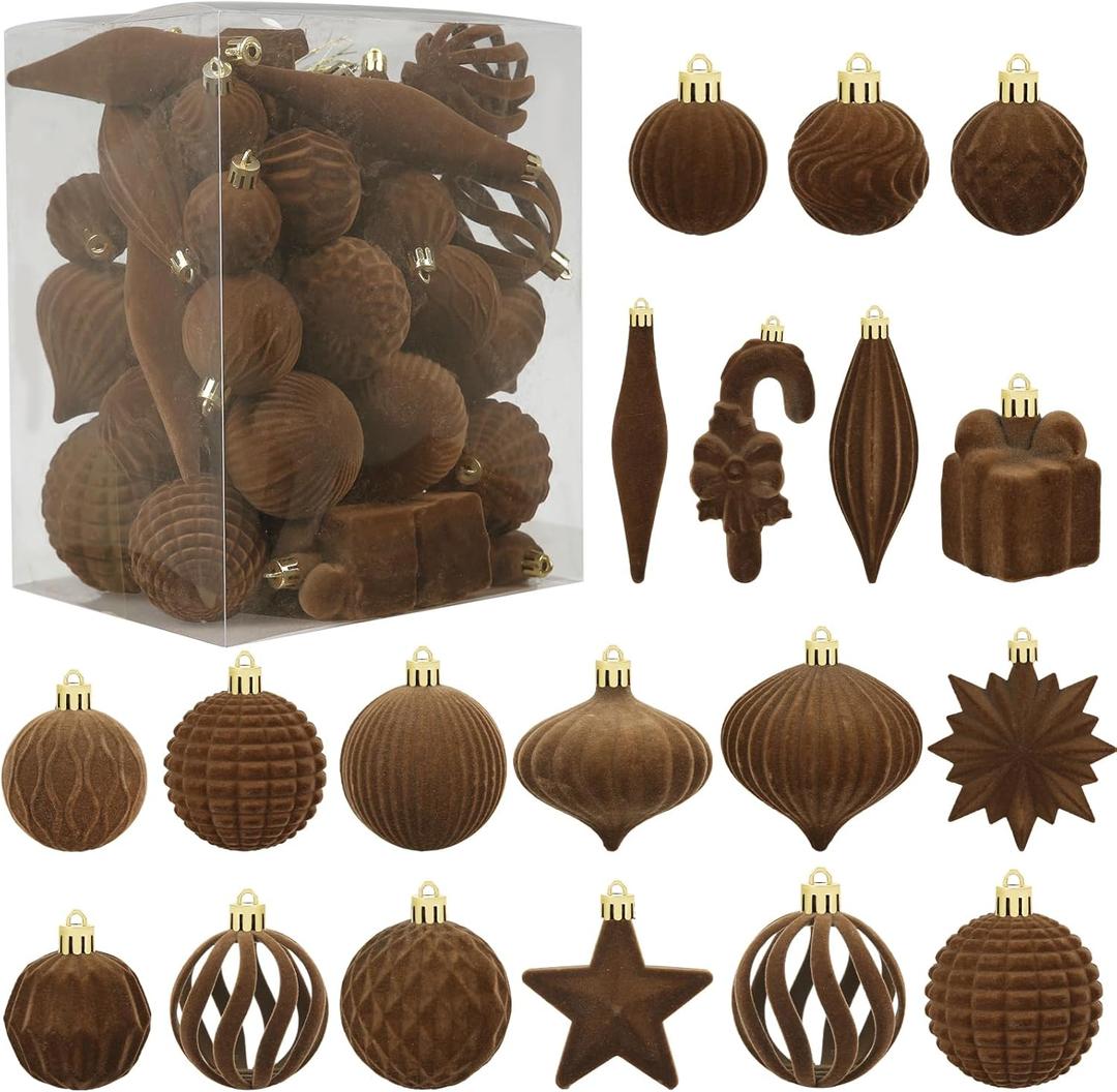 50 Pcs Brown Velvet Christmas Balls Bulk, Hanging Balls Flocked Ornaments for Xmas Tree Decorations Wedding Wreath Garland Holiday Party Office Home Decor