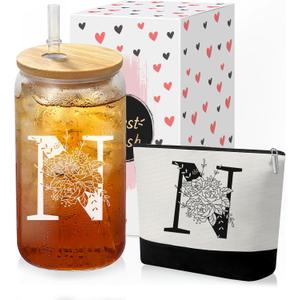 2 x Custom Glass Cup & Makeup Bag Set - Personalized Gifts for Women, Initial 16 oz Glass Tumbler with Lid & Straw, Monogram Makeup Bag - Birthday Gifts For Women, Mother's Day Presents(N)