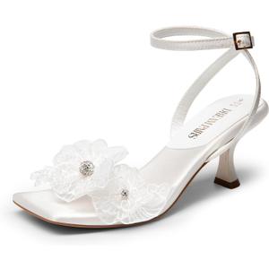 DREAM PAIRS Women's Flower Wedding Heels Cute Square Toe Slingback Low Kitten Heels Sandals with Ankle Strap (6.5)
