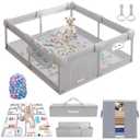 Large Baby Playpen with Mat, 71"x59" with Thickened Anti-Collision Sponge for Babies and Toddlers, with Ocean Balls, Gate, Storage Bag, Playard Gym for Babies, Activity Center, Kids Fence Light Gray
