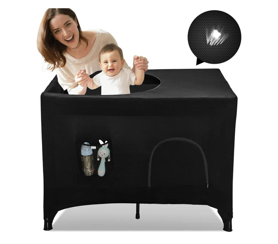 Pack N Play Blackout Cover, Hiaksedt Crib Canopy Cover for Pack and Play, Breathable Blackout Tent for Travel Crib, Portable Stretchy Netting Cover for Indoor Outdoor Travel Playard