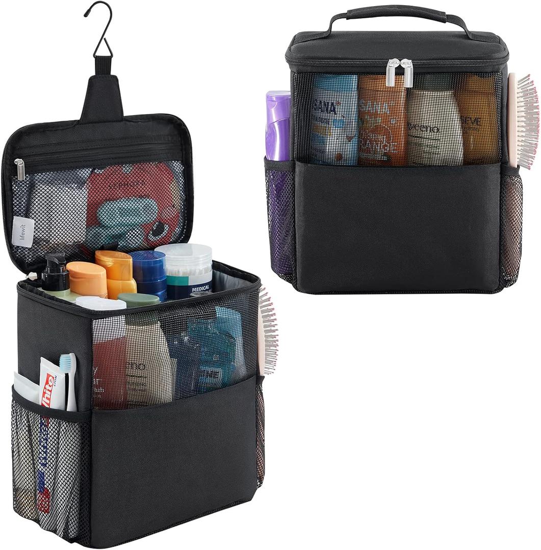 Lifewit Mesh Shower Caddy Bag Portable College Dorm Room Essentials Caddy Tote Basket for Bathroom, Gym, Travel, Camping Quick Dry Hanging Shower Organizer Toiletry Bag for Women Wen, Large, Black (L(9.8"L x 6.5"W x 11.4"H))