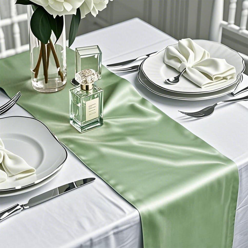 sage Green Table Runners 10 Pack for Party , Satin Table Runners 12 x 108 Inches Long for Wedding Banquet Birthday Events Decorations