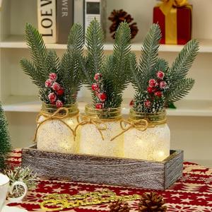 Christmas Centerpieces for Tables, Table Decor with Mason Jar, Flowers Picks, Farmhouse Wood Tray, 23 Pcs Christmas Winter Table Decorations Centerpieces, Xmas Holiday, Kitchen, Dining Decor