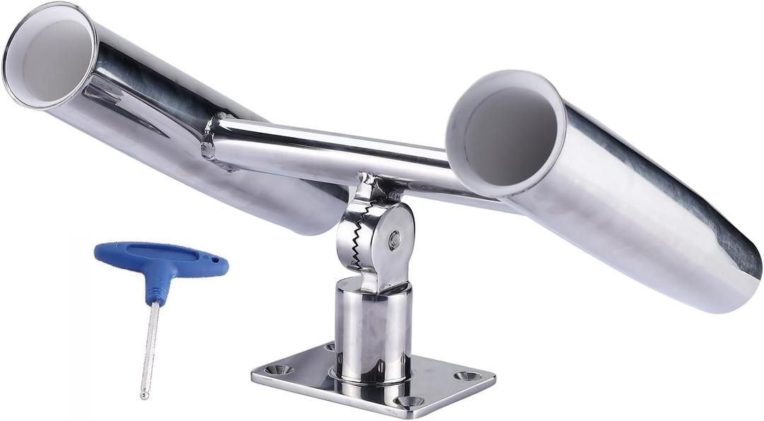 NovelBee 2 Tube Tournament Style Rod Holders with A Flat Mount Pad and Wrench,Deck Mounted Fishing Rod Holders,Stainless Steel Adjustable Degree Rod Holders for Boat