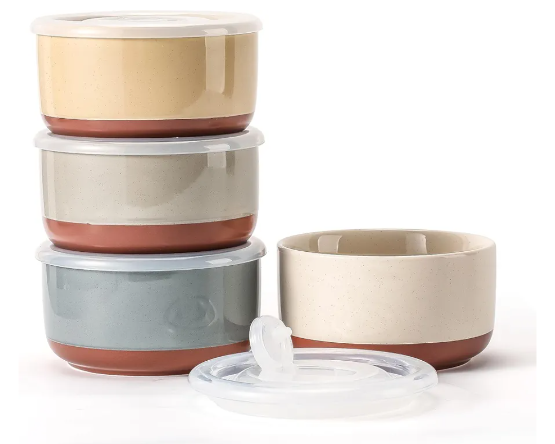 Ceramic Bowl with Lid: 20 oz Microwave Safe Porcelain Soup Containers for Food Storage, Meal Prep, Working Lunch, Picnic & Camping - 5-Inch Set of 4 Dipped Color & Speckle