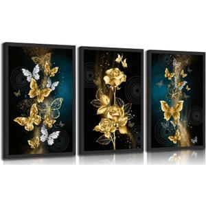 3Pcs Abstract Gold Butterfly Canvas Wall Art Gold Butterfly and Rose Posters Prints Painting Modern luxury Flowers Wall Decor pictures for Living Room Bedroom Home Decoration Unframed (16L" x 12W")