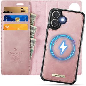 Wallet Case for iPhone 16 Plus Compatible with Magsafe, 2-in-1 PU Leather Flip RFID Blocking Card Holder Stand Shockproof Magnetic Detachable Cover for iPhone 16 Plus Case 6.7", Pink