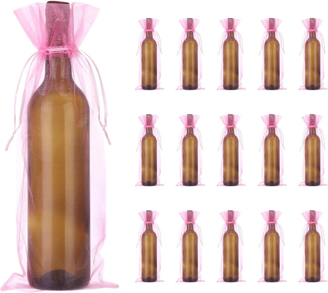 PATIKIL 14 x 5 Inch Organza Wine Bags, 40 Pcs Gift Wrap Bags Sheer Mesh Wine Bottle Bag Drawstring Pouches Reusable for Party Wedding Favors, Pink