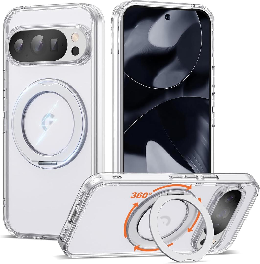 UGENINO Compatible with Google Pixel 9/Pixel 9 Pro Case with 360 Magnetic Ring Stand [Compatible with Mag-Safe] Shockproof Phone Case for Google Pixel 9/Pixel 9 Pro 6.3", Clear