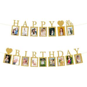 Happy 80th Birthday Photo Banner 80 Year Old Party Decorations, Eighty Birthday Picture Frame Banner 80th Photo Frame Party Supplies Bunting Decor
