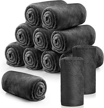Tinideya 12 Pcs Flannel Fleece Throw Blanket Bulk 50 x 60 Inch Soft Fleece Blanket Warm Throw Blanket Coral Blankets for Couch Sofa Home Wedding Gifts Season (Black)