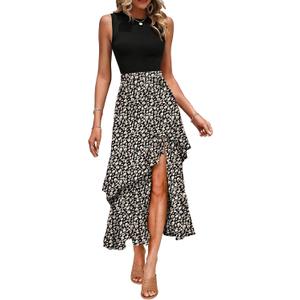 Dokotoo Women's 2025 Sleeveless Spring Summer Dresses Casual Boho Crewneck Floral Boho Cocktail Party Dresses (Size Medium, Apricot)