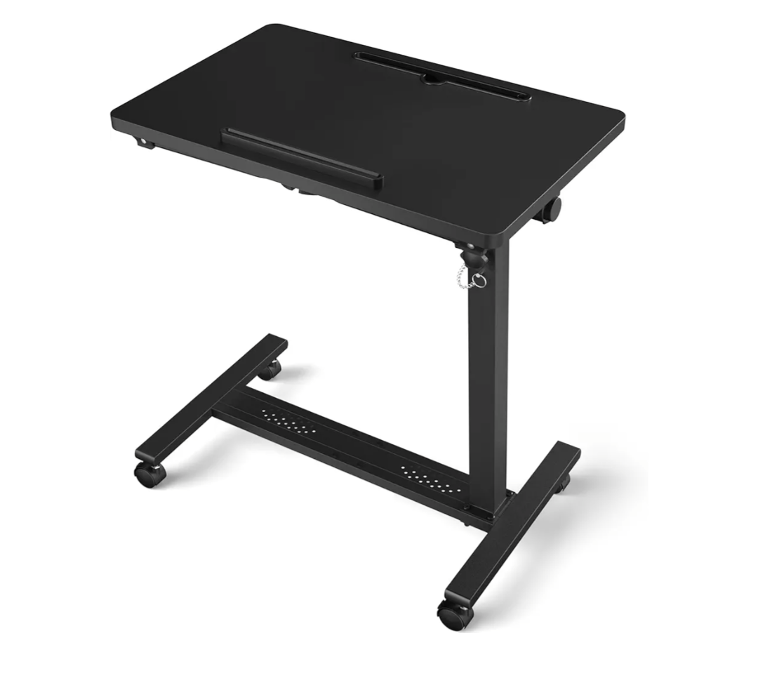 Adjustable Overbed Bedside Table, Hospital Bed Table with Wheels, Portable Rolling Desk, Mobile Small Standing Desk, Rolling Laptop Stand, Computer Cart, Black