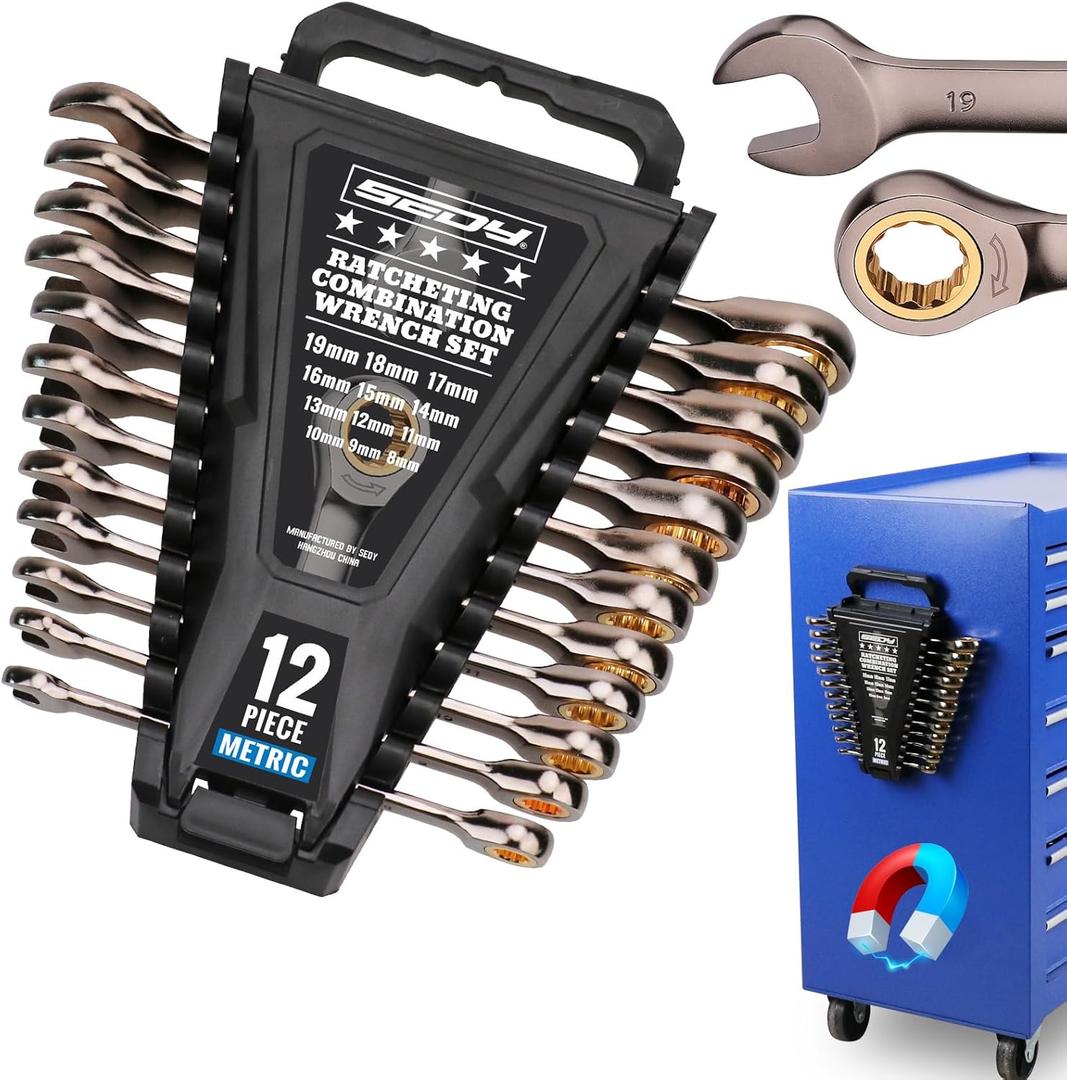 Premium 12-Piece Metric Ratchet Wrenches Set with Magnetic Organizer 8mm-19 mm, 72-Tooth Ratcheting Wrench Set, Cr-V Steel Ratchet Combination Wrench Set for Automotive, Machine Repair