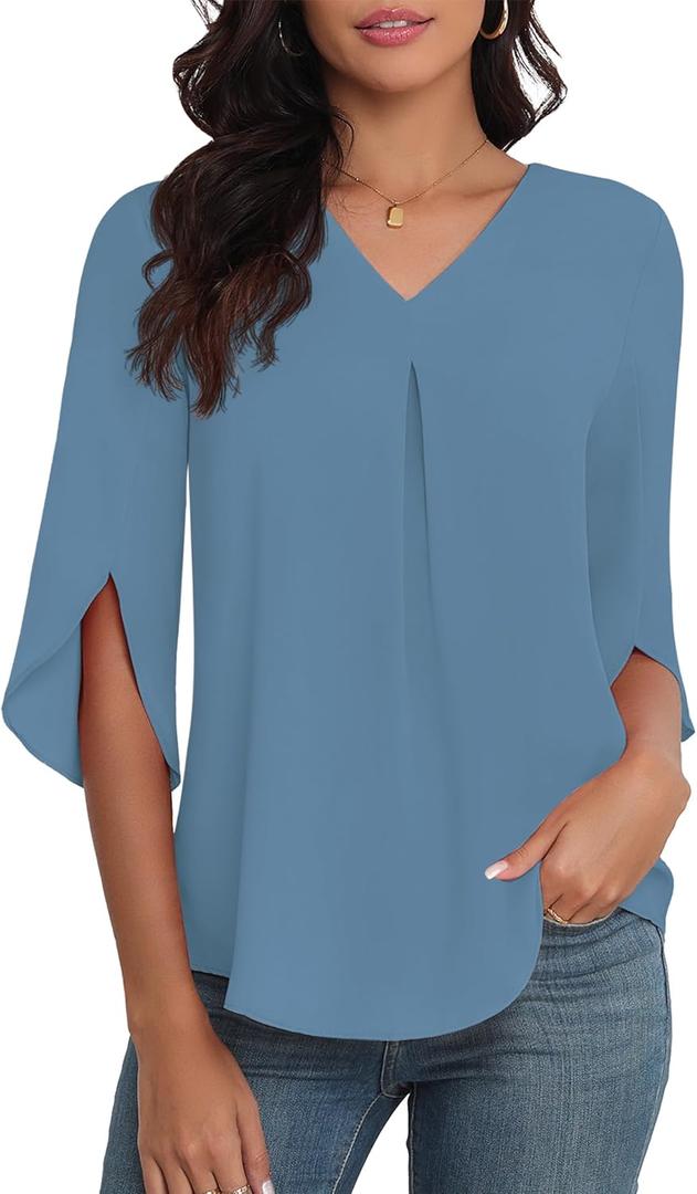 LAOLASI Womens Summer Chiffon Blouses 3/4 Sleeve V Neck Casual Loose Work Tops for Leggings 2025 Flowy Dressy Tshirts (Medium, Blue)