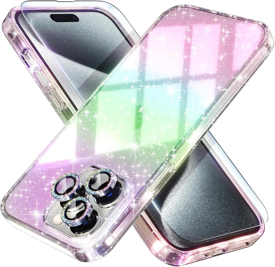Choiche Compatible for iPhone 15 Pro Max Case Women Phone Case, Cute Bling Sparkly, Military Grade Protection, 3 Diamond Camera Lens Covers, 2 Tempered Glass Protectors, 6.7 inch (Glitter Colorful)