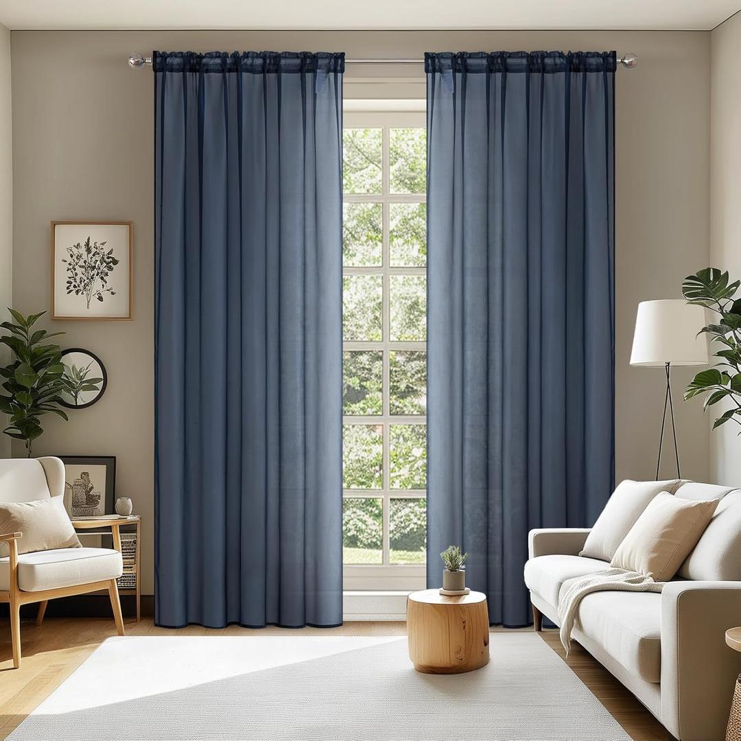 MIULEE 2 Panels Navy Blue Sheer Curtains 90 inches Long Window Curtains Rod Pocket Elegant Window Voile Panels/ Drapes/ Treatment for Bedroom Living Room (54X90 Inches)