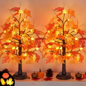 2 Pack 24 Inch Maple Tree Fall Thanksgiving Table Decorations with 48LED Battery Operated Lighted Tabletop Artificial Tree with Pumpkin Acorn Maple Fall Thanksgiving Decor Centerpieces Indoor for Home