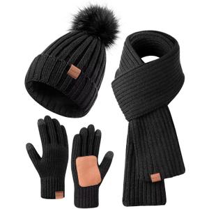Winter Beanie Hat Scarf Gloves Set for Women, Winter Hats for Women Fleece Lined Warm Thermal, Womens Beanie with Pom Pom Long Scarf Neck Warmer Touchscreen Gloves 3 in 1 Cold Weather Set(A-02) Black
