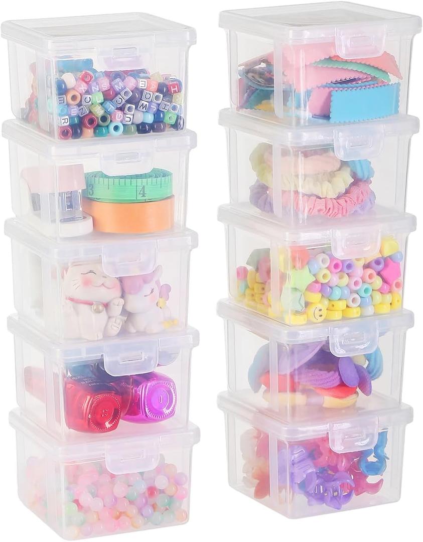 10-Pack Small Plastic Containers with Lids, Clear Stackable Storage Boxes & Bins Organizer for Bead Organizer, Craft Storage, Stickers, Jewelry & Small Items  Square Small